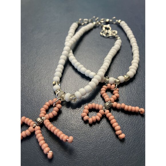 White, Silver, Pink Beaded Bow and Beaded Adjustable Friendship Bracelet Set - Picture 2 of 4